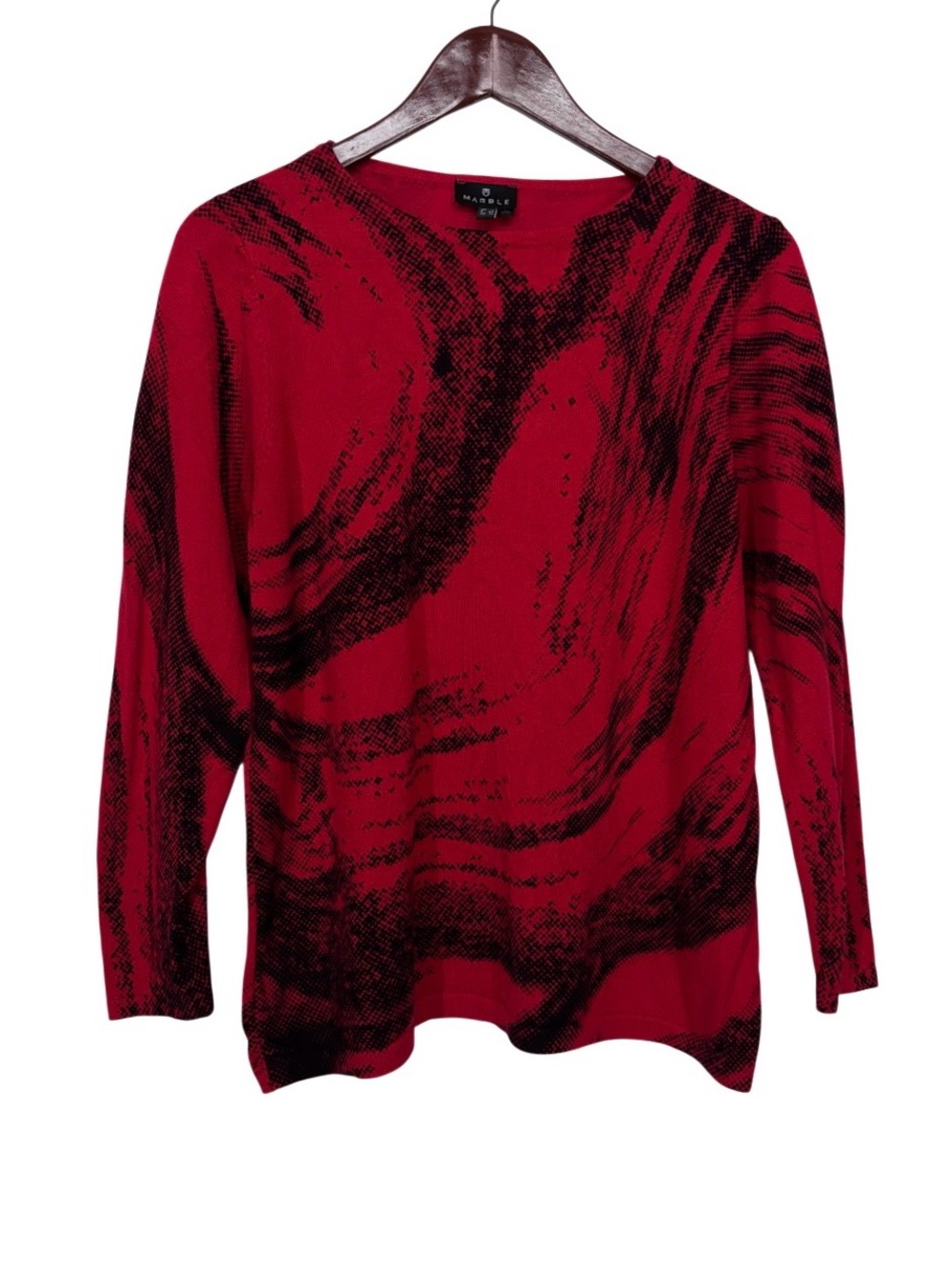 MARBLE Red & Black Swirl Print Soft & Stretchy Crewneck Sweater Size Medium